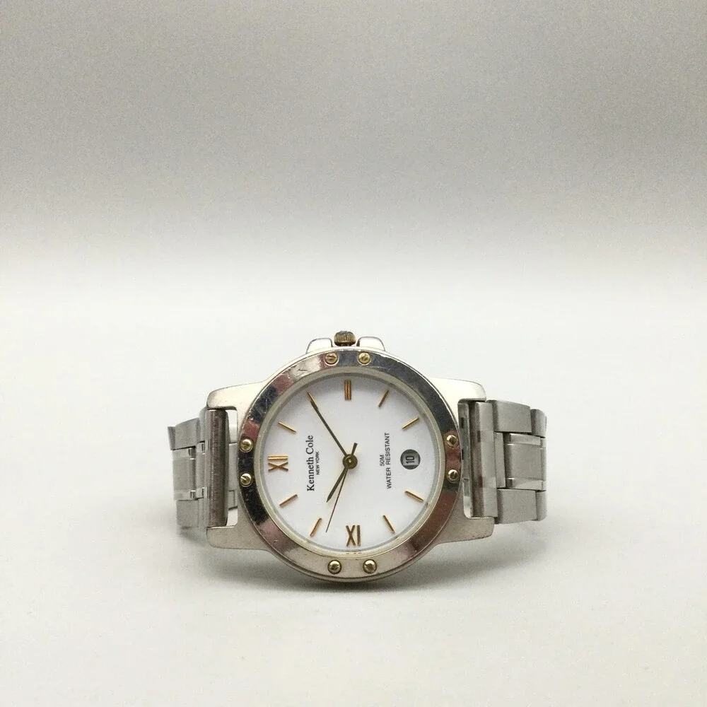 Kenneth Cole Mens Watch 38mm White Dial Steel Date 50M KC0302 New Battery 8